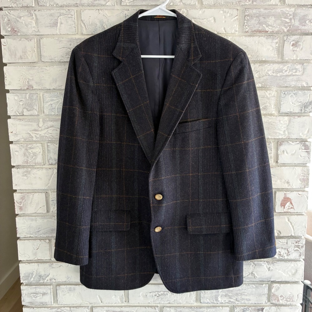 Vintage Regent Clothes Mens 40R Plaid Sport Coat Blazer Windowpane USA Navy